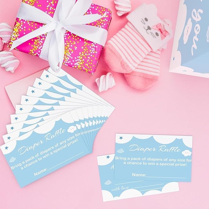 Blue Diaper Raffle Tickets Card Box for Baby Shower, 50 Pcs Diaper Raffle