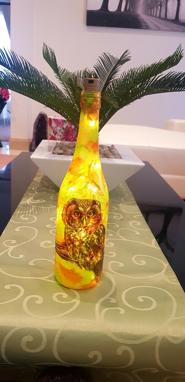 Hand Decorated Light Up Bottle Lamp with Owl Design One of a Kind Unique Gift