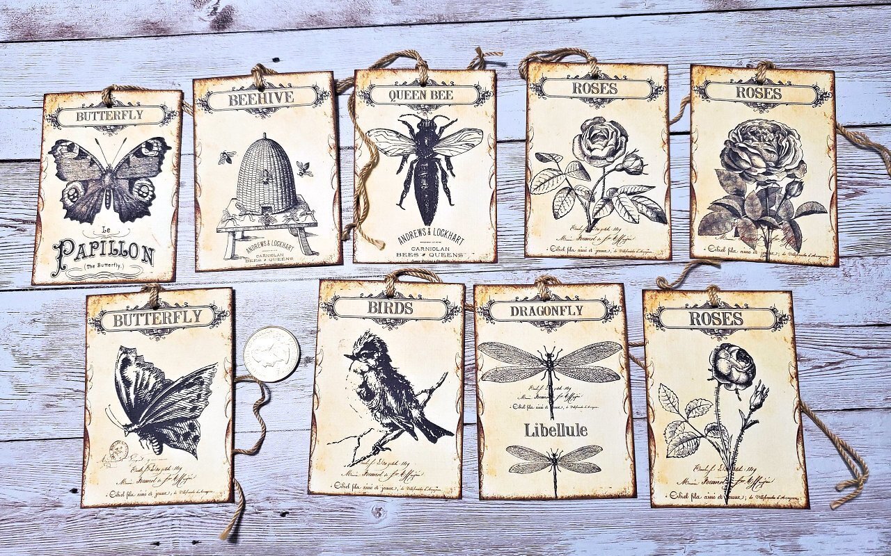9~Vintage~Ephemera~Butterfly & Bees~Junk Journal~Linen Cardstock~Gift~Hang~T