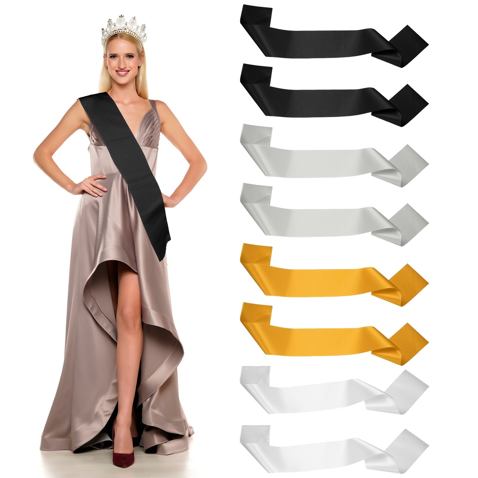 Satin Sash, Blank Sash Pageant Ribbon for Party 8 Pack & Black/Silver/Gold/White