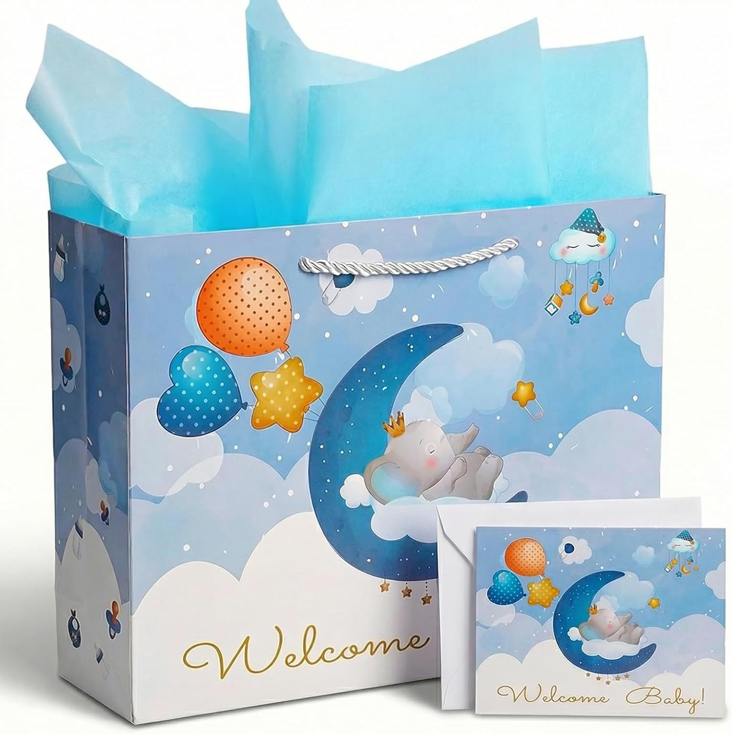 Baby Boy Bag with Tissue Paper & Card, Lar Blue Elephant Bag