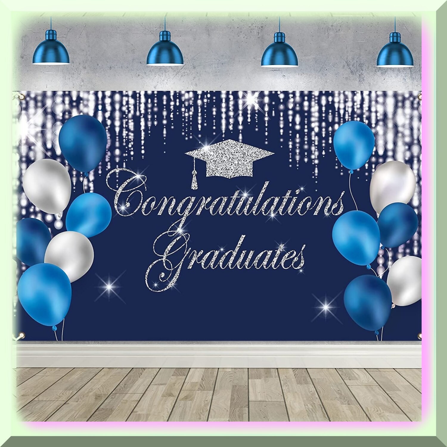 Graduation Party Backdrop Blue Silver 6×3.6 ft