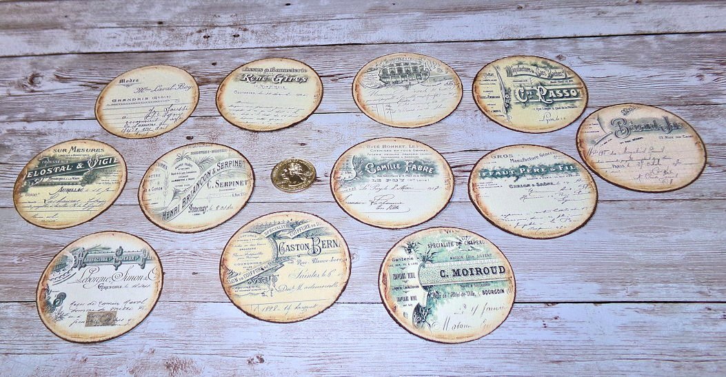 12~Vintage Style~Ephemera~French Invoice Papers~Linen Cardstock~Circle~Stickers