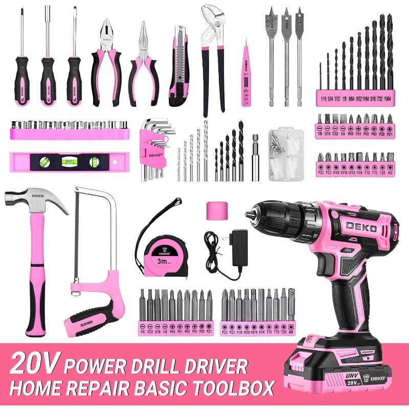 Pink Drill Tool Kit Set: 20V Cordless Power Drill Tool Box with Battery