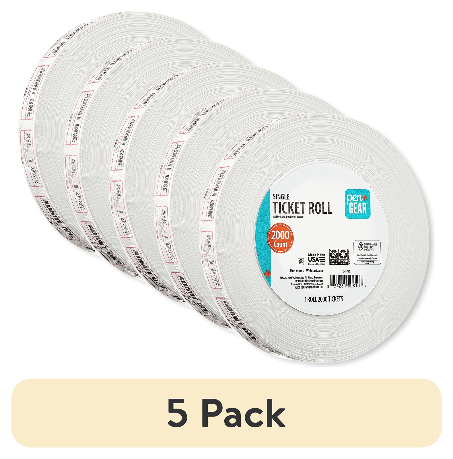 (5 pack) Pen+Gear Single-Ticket Roll, White, Consecutively Numbered, 2000 Count