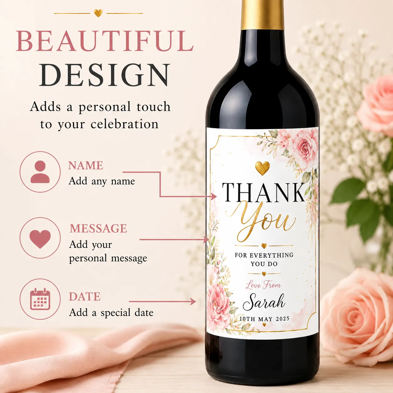 Personalised Thank You Gift Bottle Label Sticker Custom Wine Champagne Present