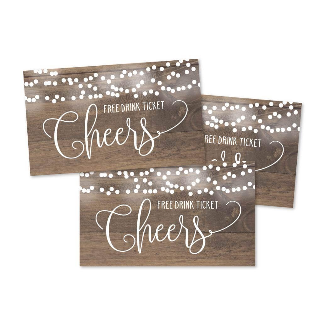 50 Rustic Wood & Lights Free Drink Coupons For any Event 3.5in x 2 in