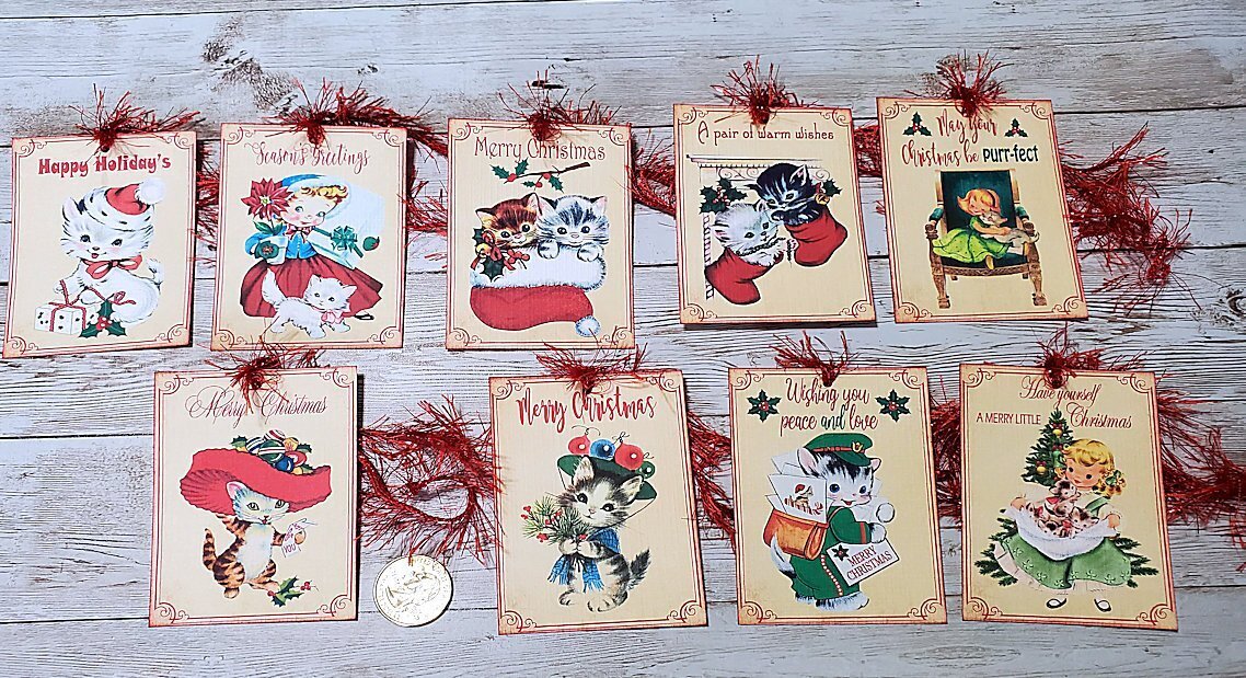 9-Christmas-Retro-Mid Century-50’s-Cats-Kitties-Linen Cardstock-Gift-Hang-Tags