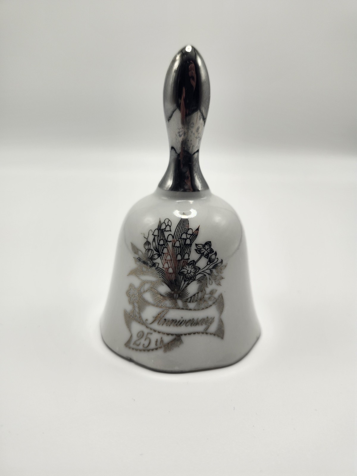 Vintage 25th Wedding Anniversary white Porcelain Bell Silver Handle 4″ H