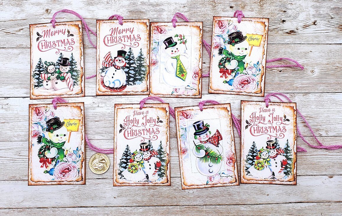 8-Christmas-Retro-Shabby Chic-Snowman-Linen Cardstock-Gift-Hang-Tags