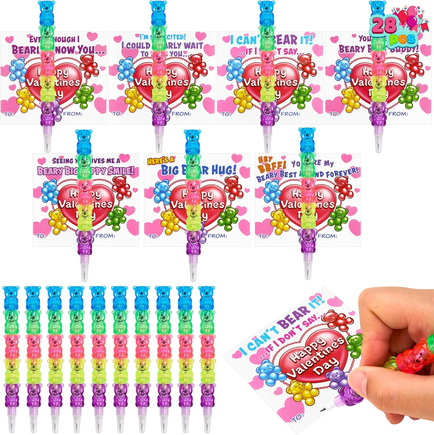 28PCS Valentines Day Plastic Bear Pencils and Cards, Stationery Gift Kids Party