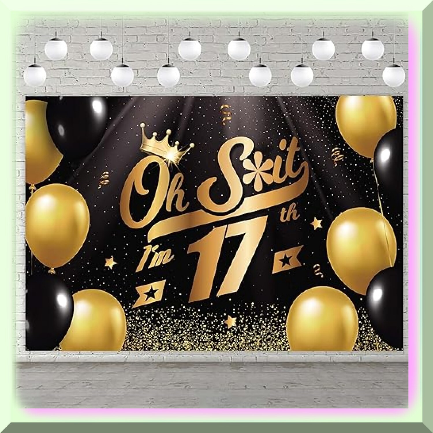 Seventeen Sparkle Fiesta Black Gold Balloon Confetti Backdrop