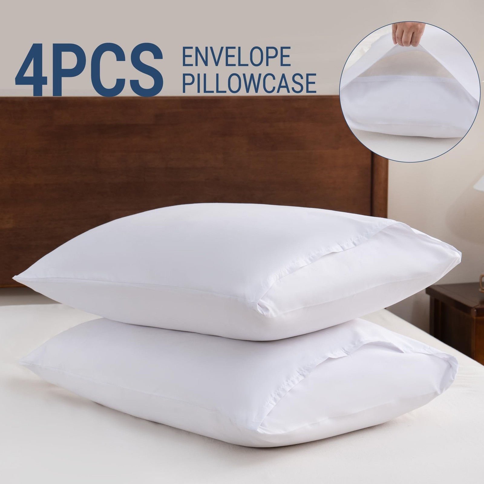 White Pillowcases Standard 4 Pack, 20×26 Pillow Cases with Envelope Closure, …
