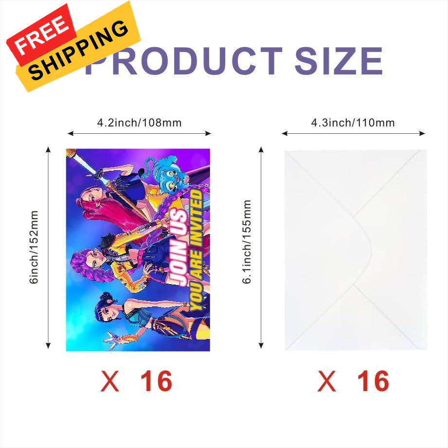 YEEFIGRO 16pcs Demon Movie Hunters Birthday lnvitation Cards 4.2″x6″, Purple