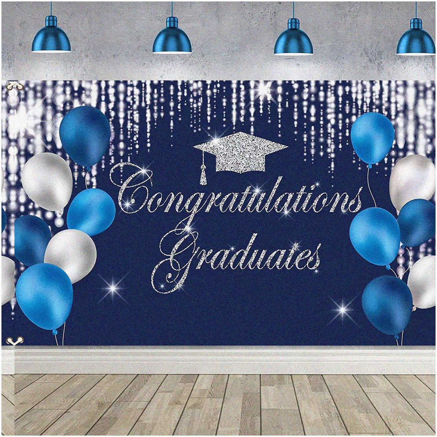 Graduation Party Backdrop Blue Silver 6×3.6 ft