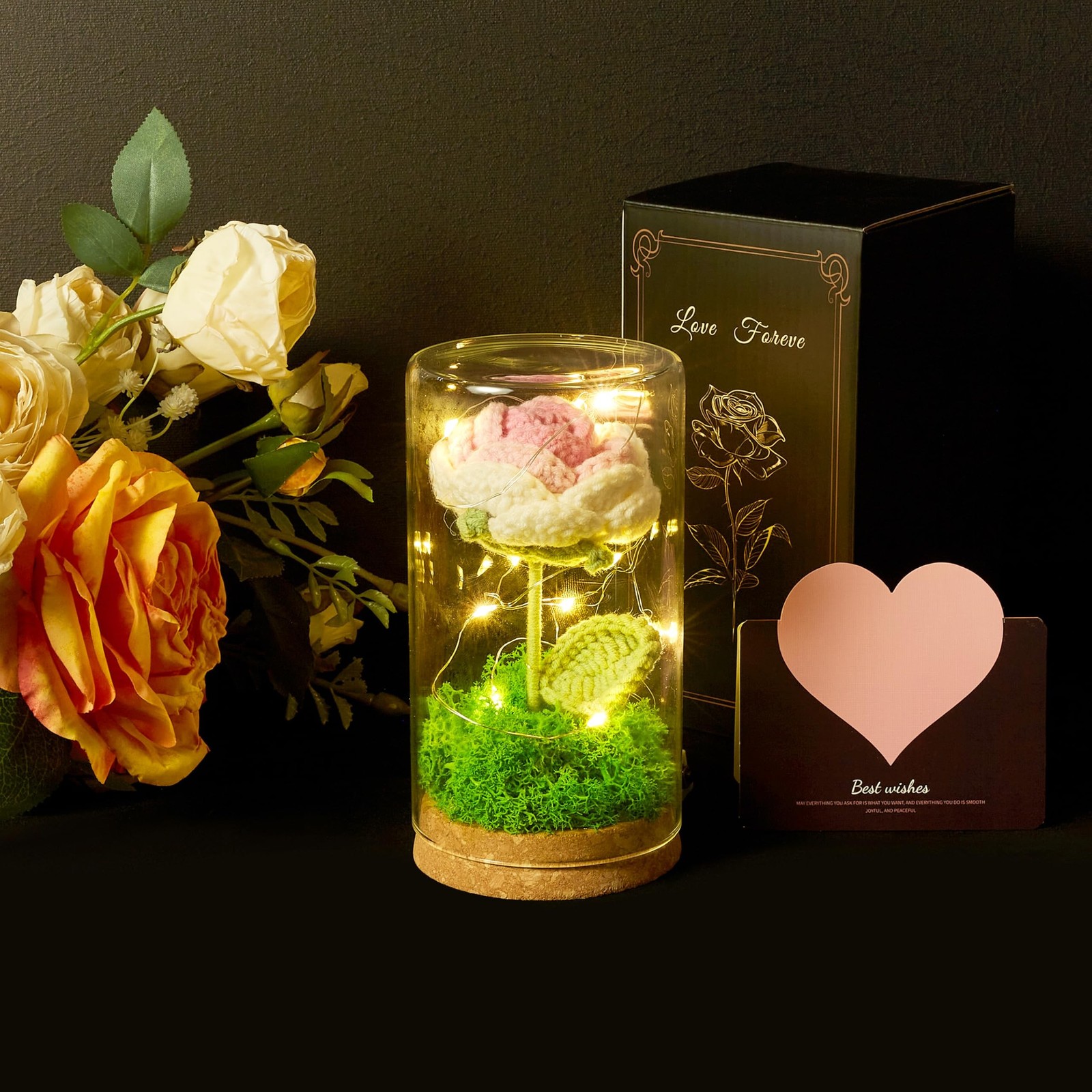 Eternal Flower Crochet Gifts Rose in Glass Dome with Light Up, Knitted Flower…