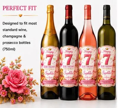 Personalised 7th Birthday Bottle Label Custom Girl Pink Wine Bottle Sticker