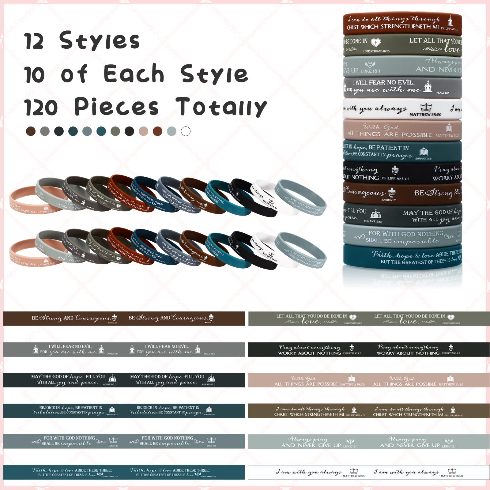 120 Pcs Religious Silicone Wristbands Bible Verse Rubber Bracelets for Men Women