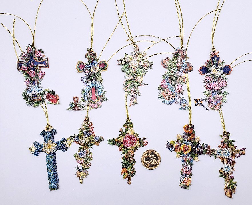 10-Religious-Floral Cross-Embossed Scraps-Fussy Cut-Glitter-Bookmarker-Hang Tags