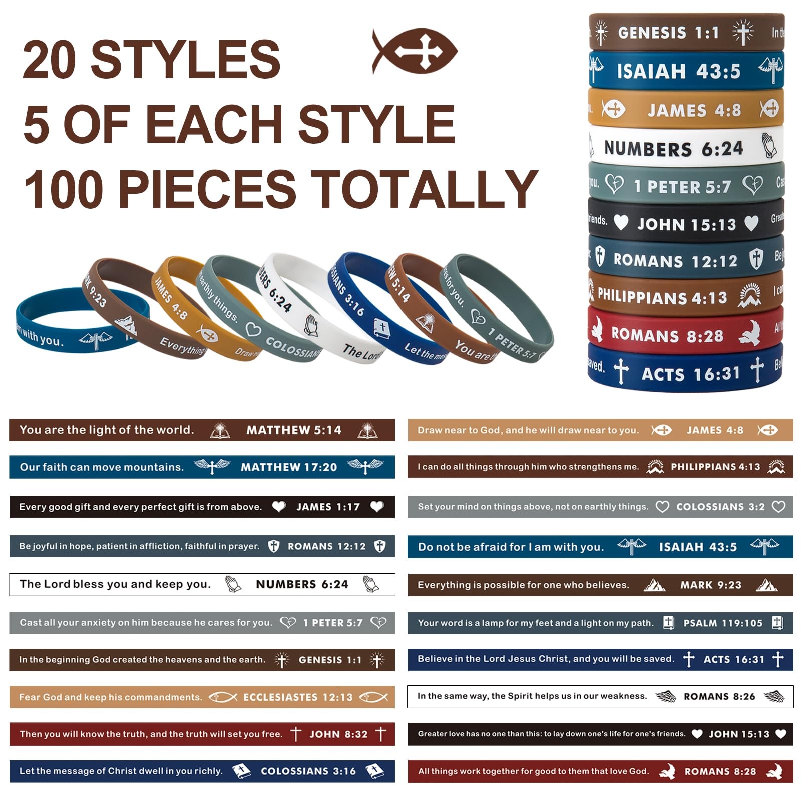 100 Pcs Religious Silicone Wristbands Bible Verse Rubber Bracelets for Men Women
