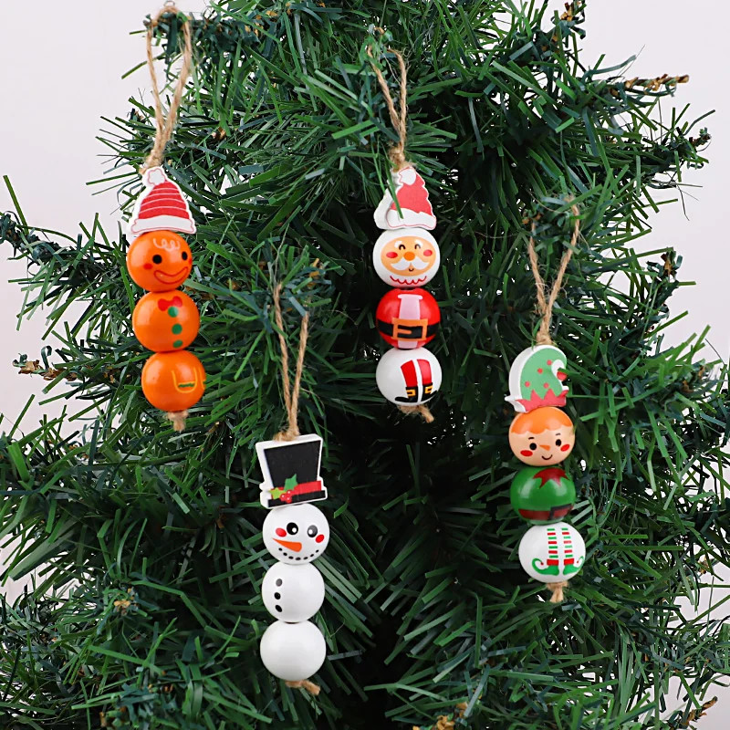 48/80Pc Wooden Beads Christmas Santa Claus Gingerbread Man Elf DIY Garland Decor