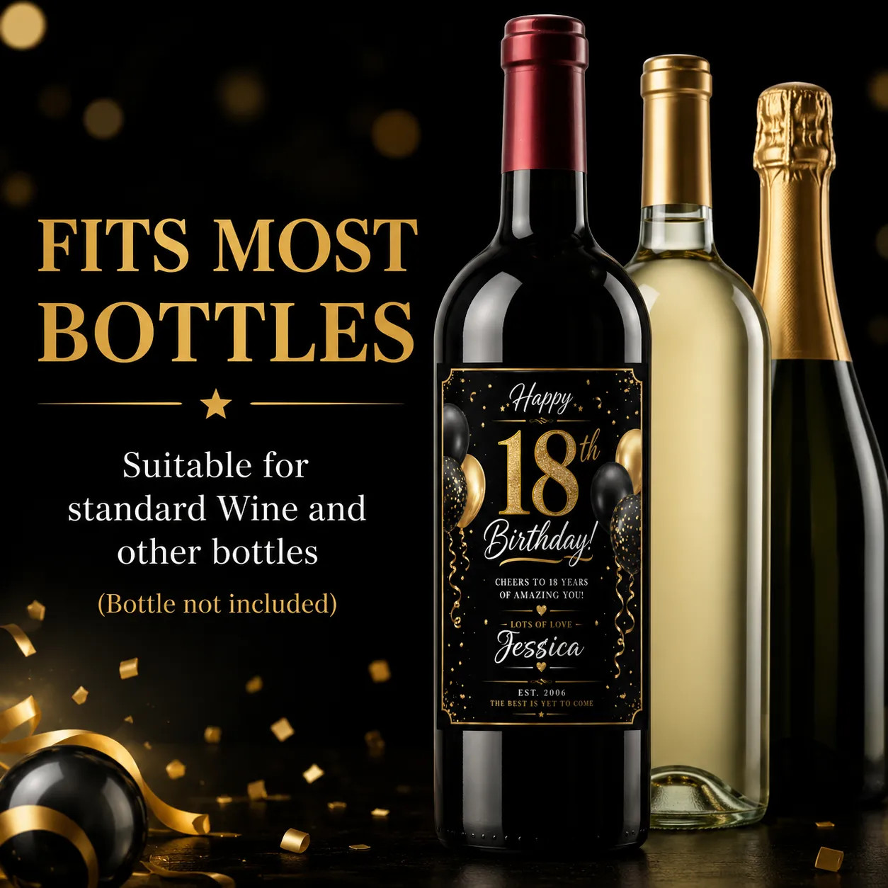 Personalised 18th Birthday Bottle Label Sticker Custom Wine Gift Black Gold