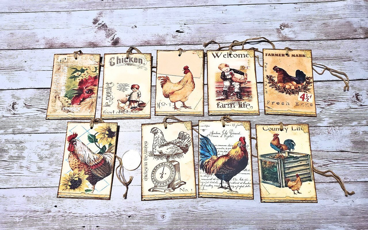 9~Vintage~Ephemera~Roosters~Junk Journal~Linen Cardstock~Gift~Hang~Tags