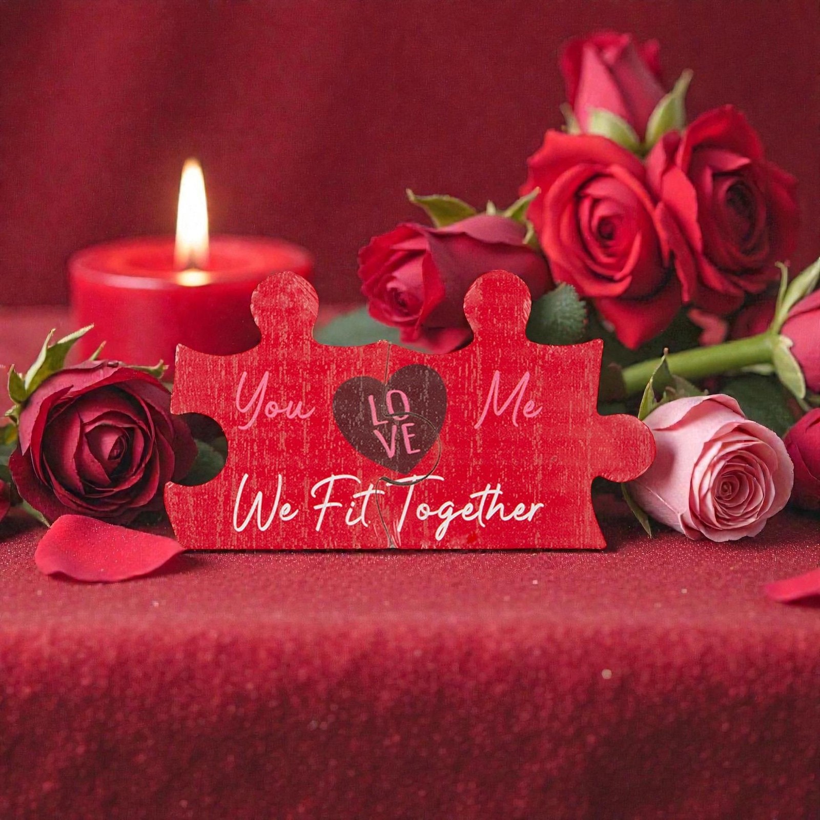 Valentine Red Heart Plaque Double Puzzle Piece Decoration – We Fit Together