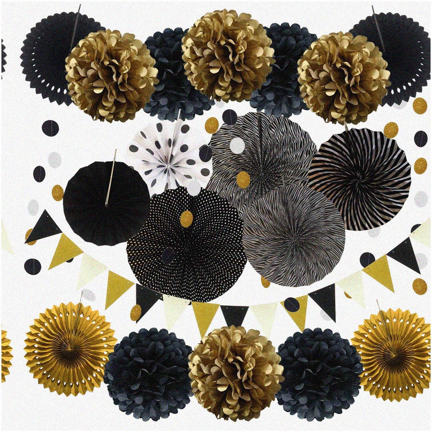 Black and Gold Party Decoration Kit with Fans Pom Poms and Garlands