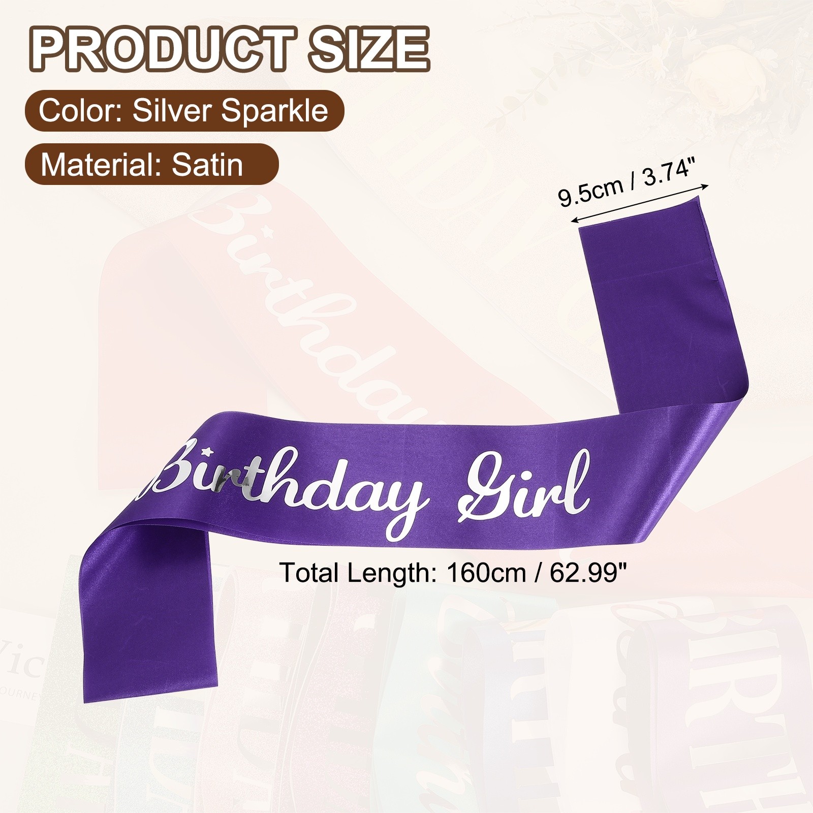 Birthday Girls Sash with Pin Silver Sparkle Lettering for Birthday Party, Purple