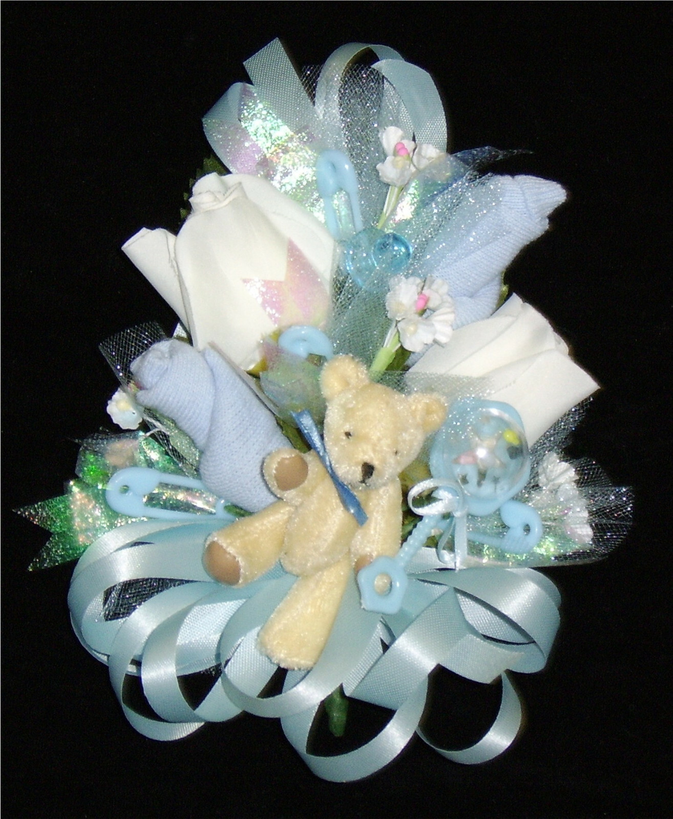 Baby Shower Corsage Baby Socks & Blue Ribbons & a Bear Handmade