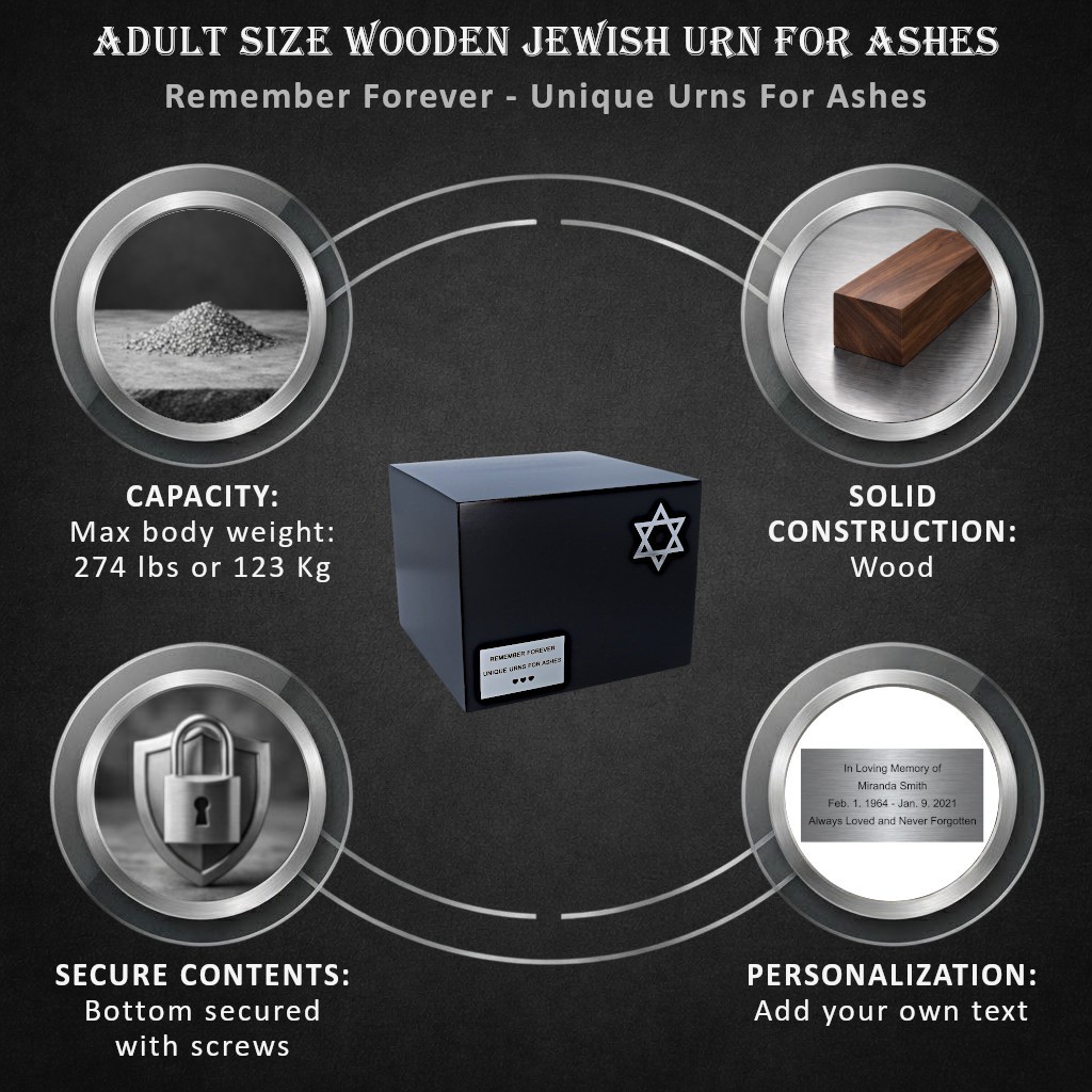 Jewish urn for adult Black wooden urn with Star of David cremation urn for human
