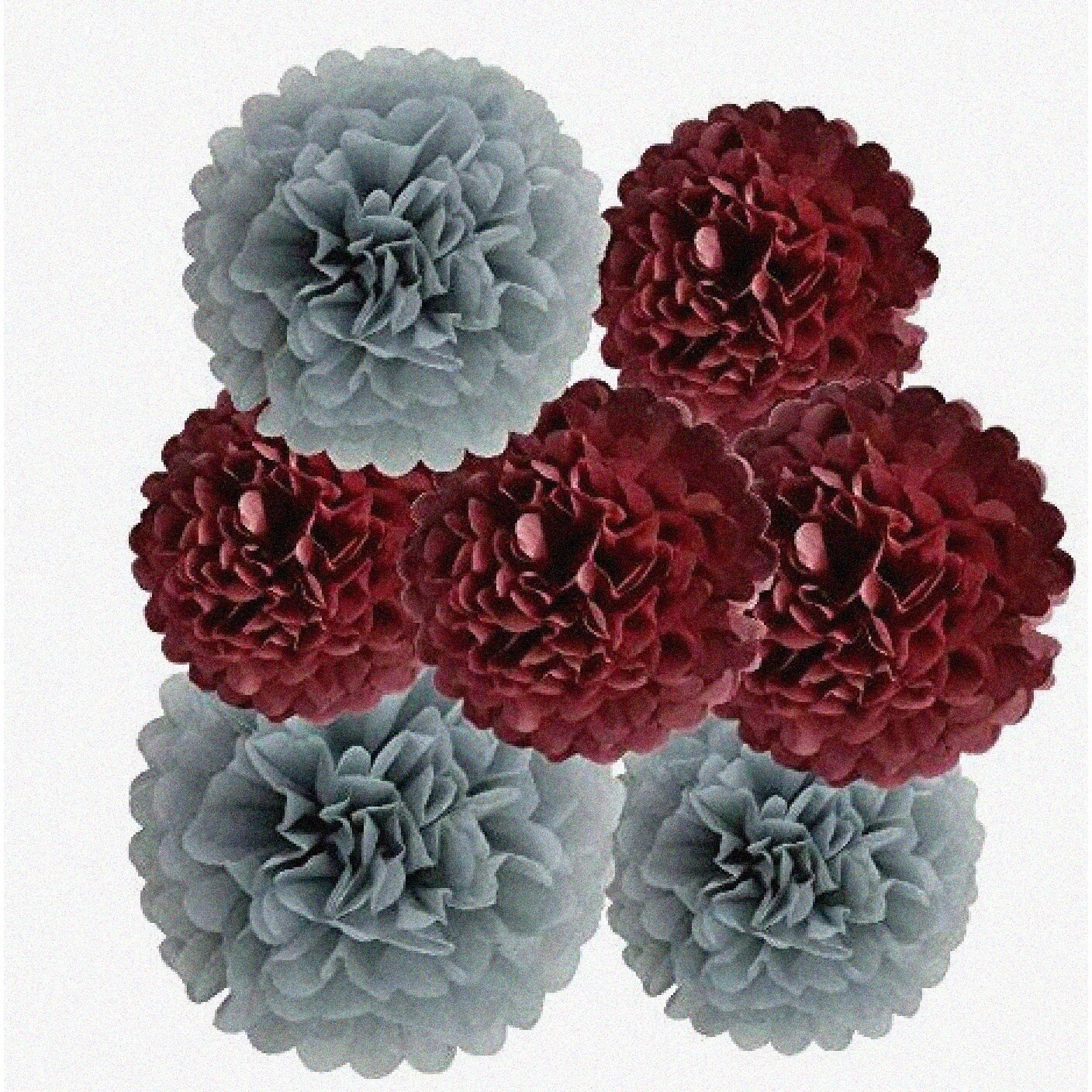 12 Grey and Burgundy Tissue Paper Pom Poms