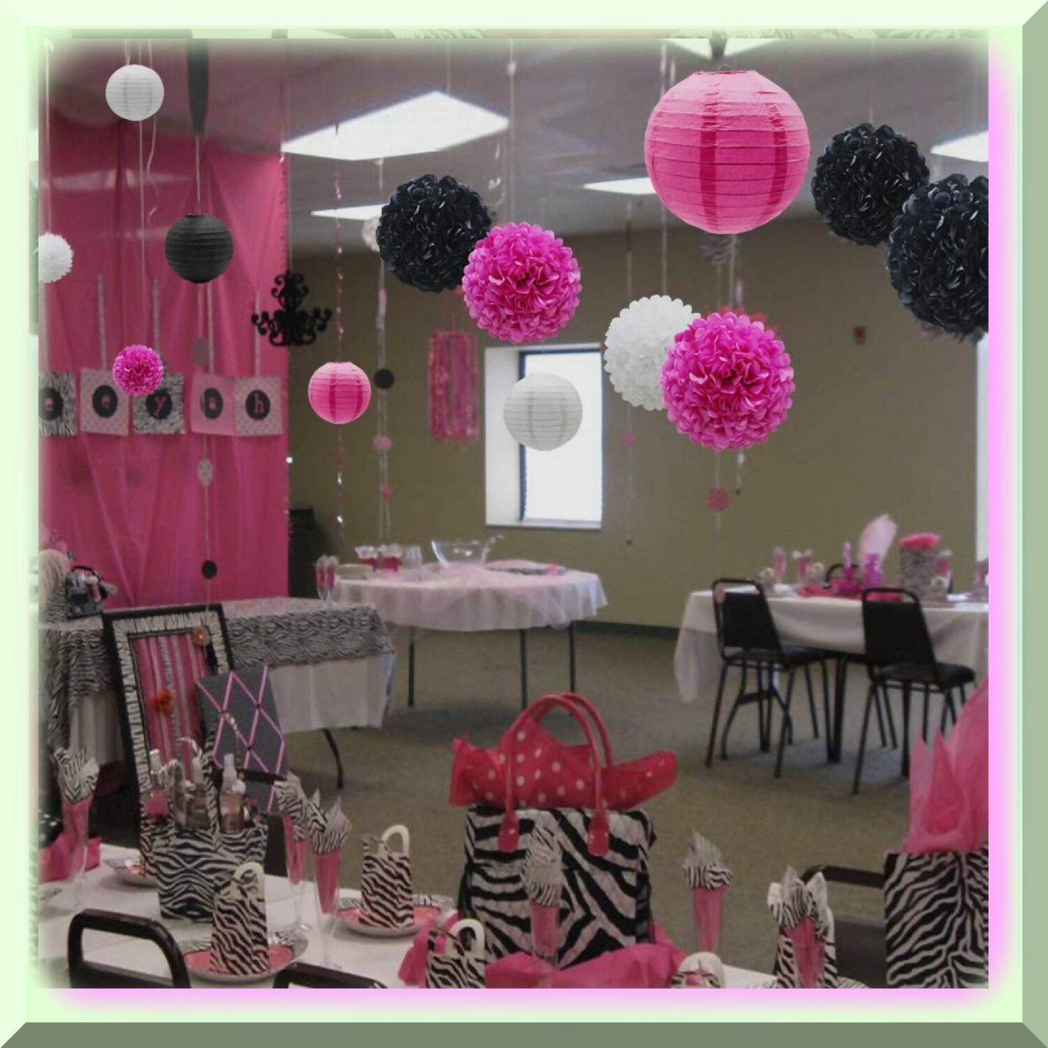 Pink White Black Paper Flower and Pom-Pom Party Pack