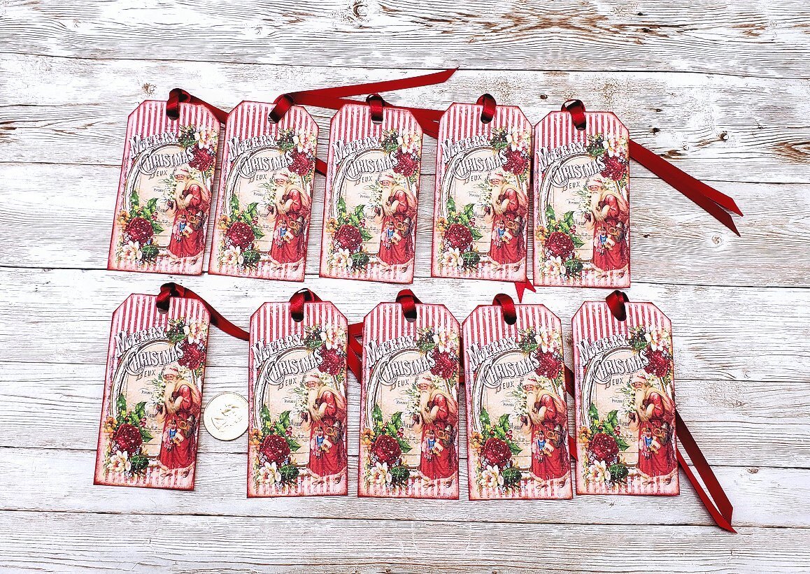 10-Christmas-Vintage-Santa-Victorian-Linen Cardstock-Gift-Hang-Tags