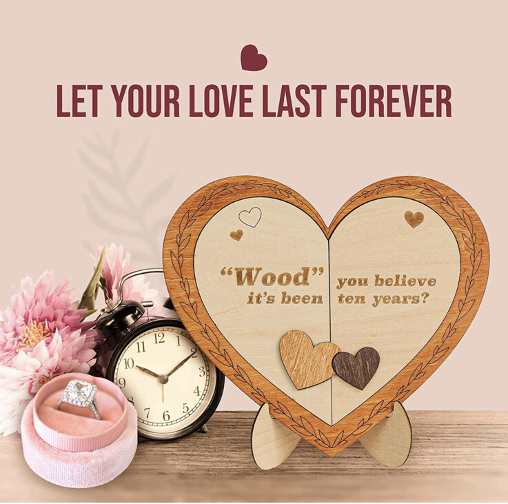 10 Year Wedding Anniversary Wooden Heart Plaque Gift Her, Him, Married Couple