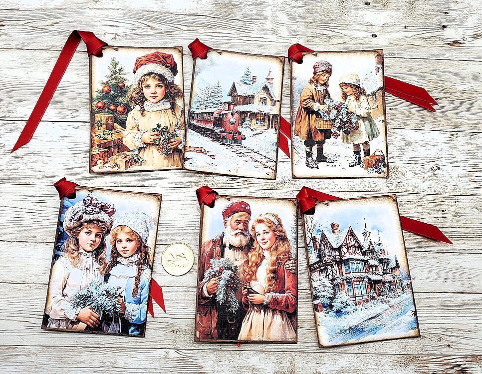 6-Christmas-Watercolor Style-Santa-Glitter-Linen Cardstock-Gift-Hang-Tags