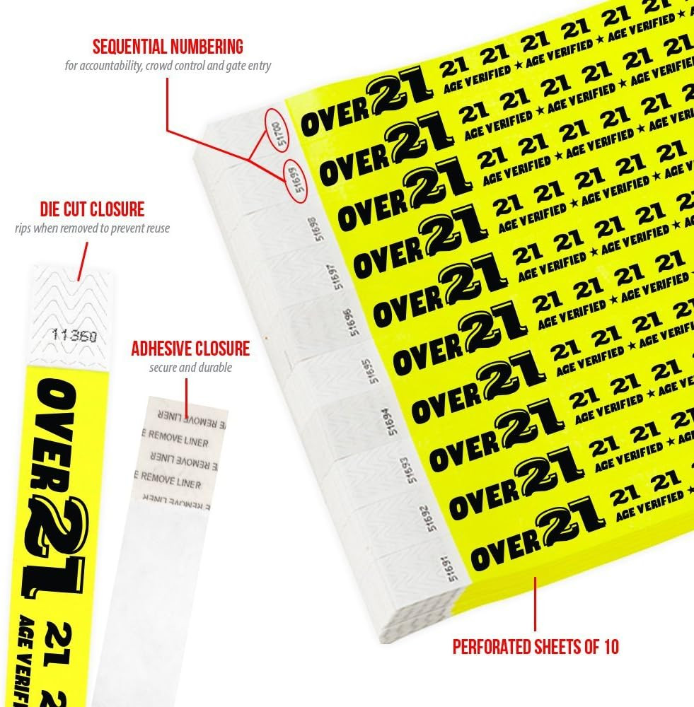 500 over 21 Neon Yellow Tyvek Wristbands for Events – ¾” X 10”