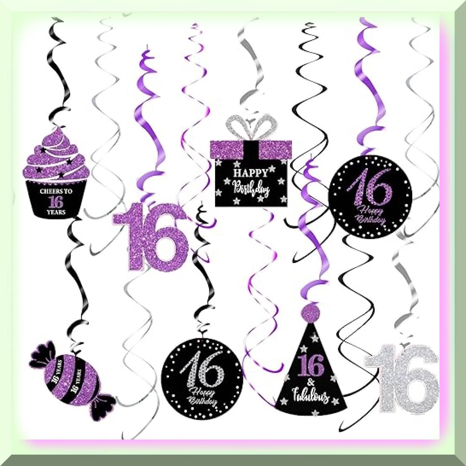 Sweet 16 Hanging Swirl Decorations Purple Silver Black