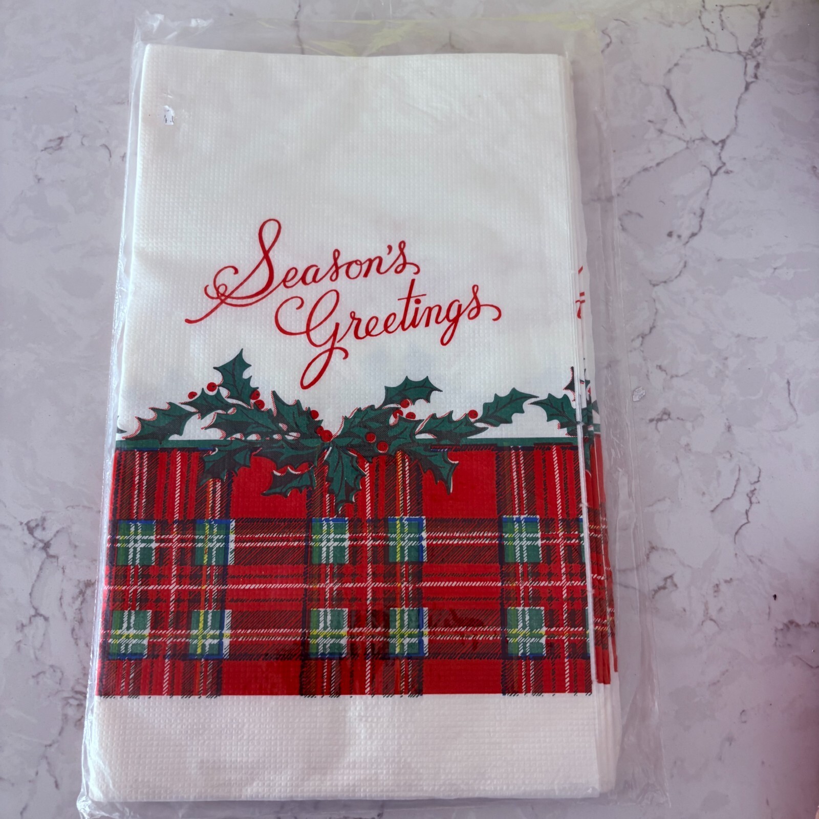 Vintage Paper Christmas Table Cover Season’s Greetings Plaid Holly 52″x96″