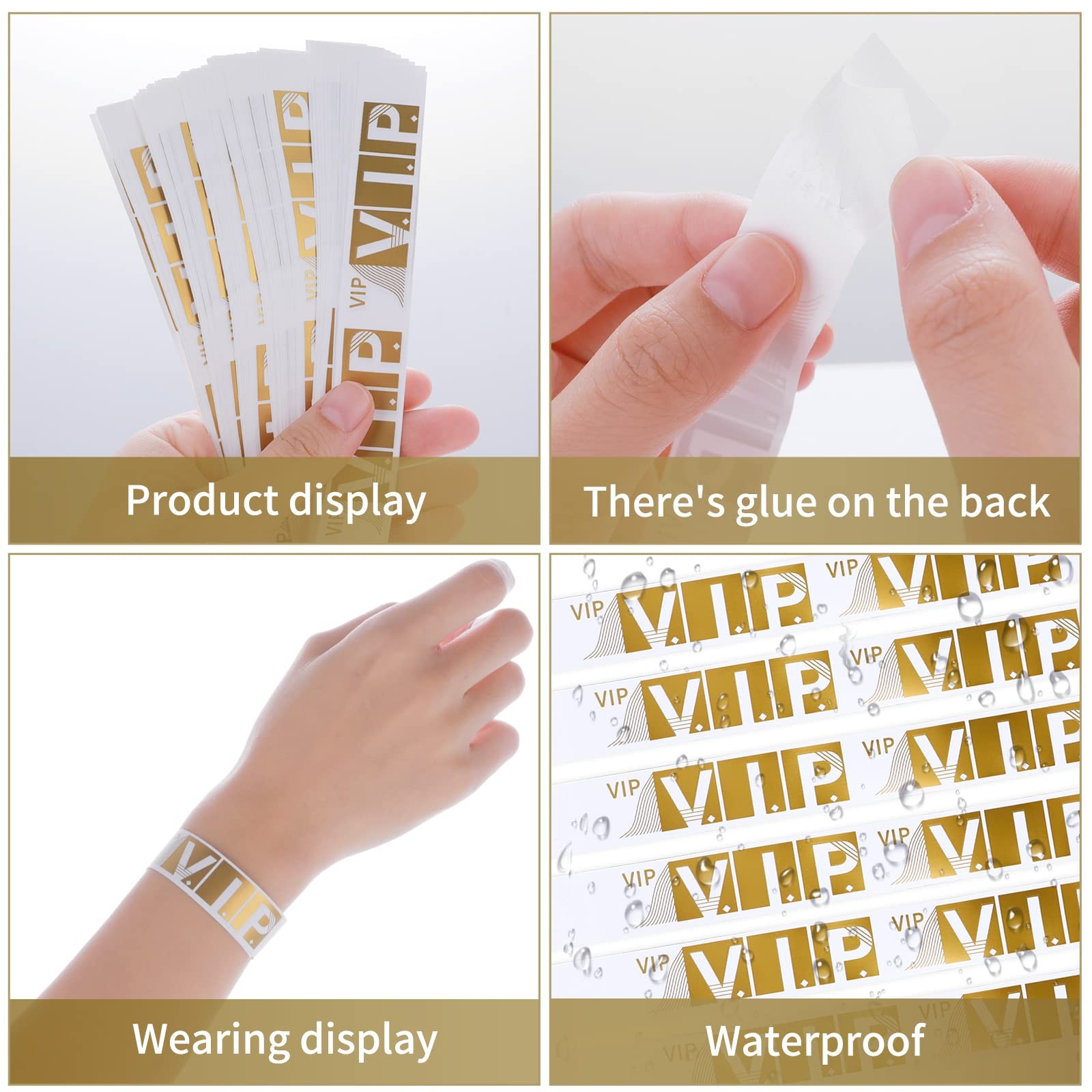 100 Pcs VIP Wristbands for Events Waterproof Paper 9.84 x 0.75 inch, Gold