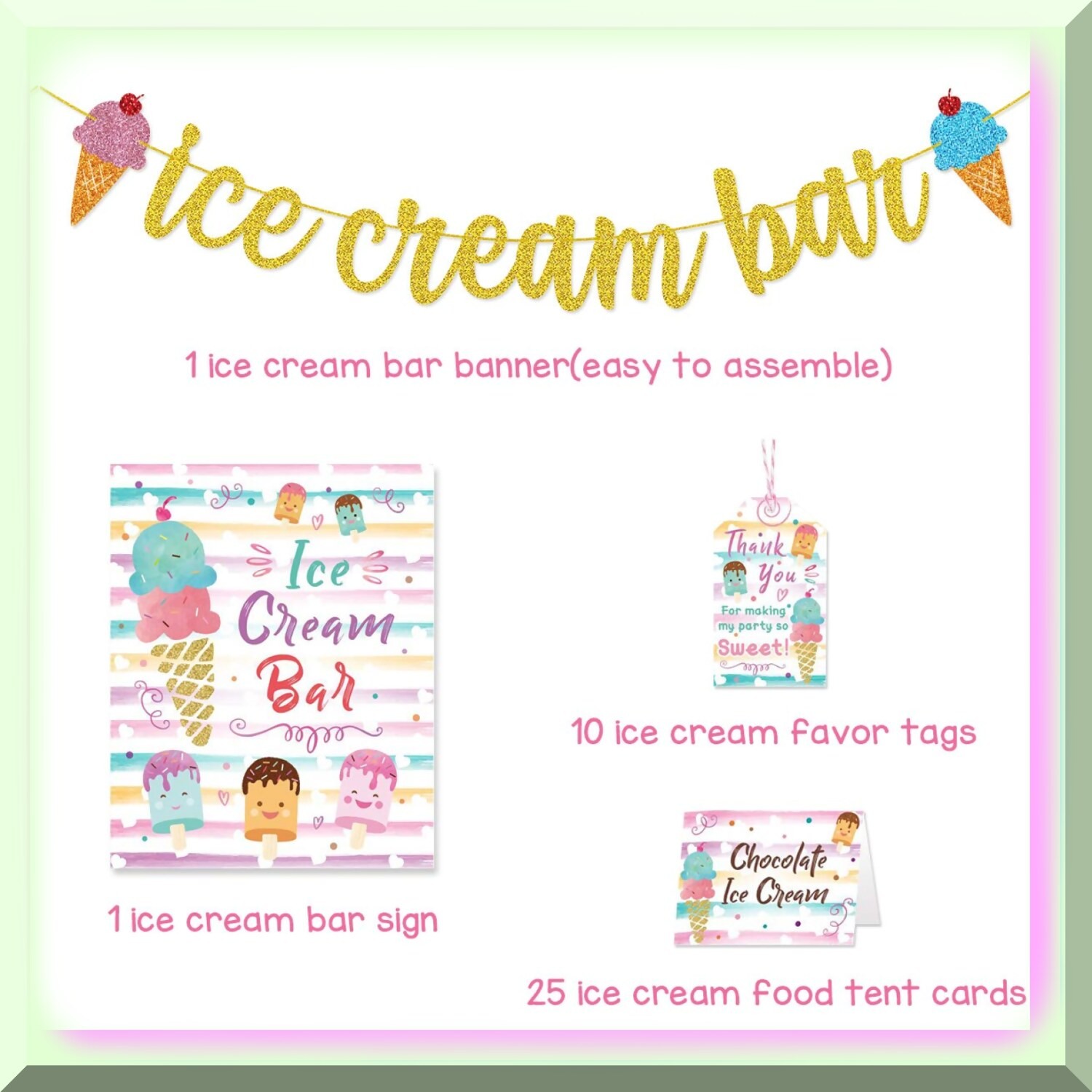 Ice Cream Party Pack with Banner Sign Tents and Tags