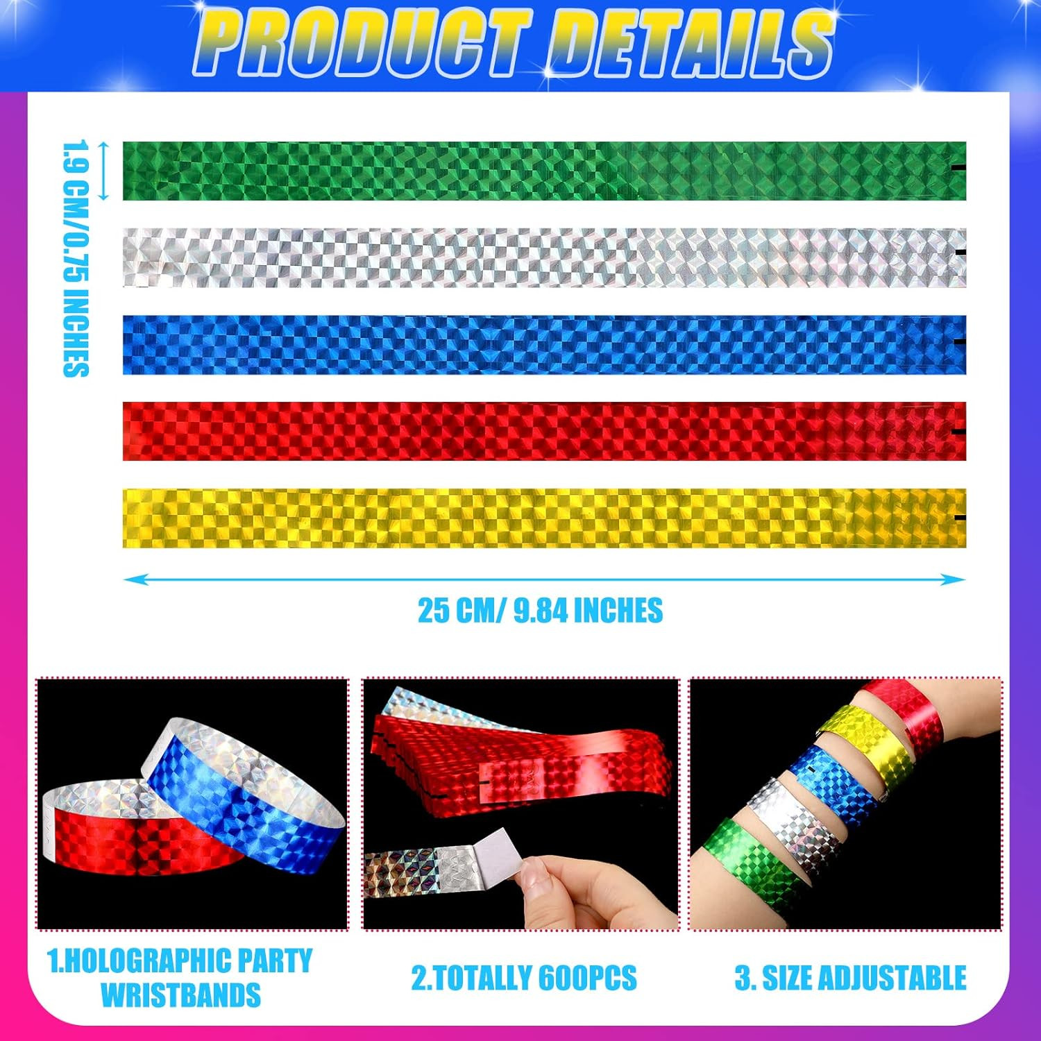 500 Pack Holographic Party Wristbands Assorted Colores Buckle Wristbands for Eve