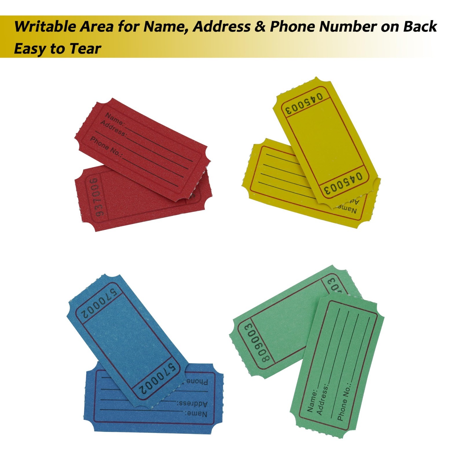 8000 Pcs Raffle Tickets – 4 Color Set, 2000 Pcs Each, Consecutively Numbered, Bl