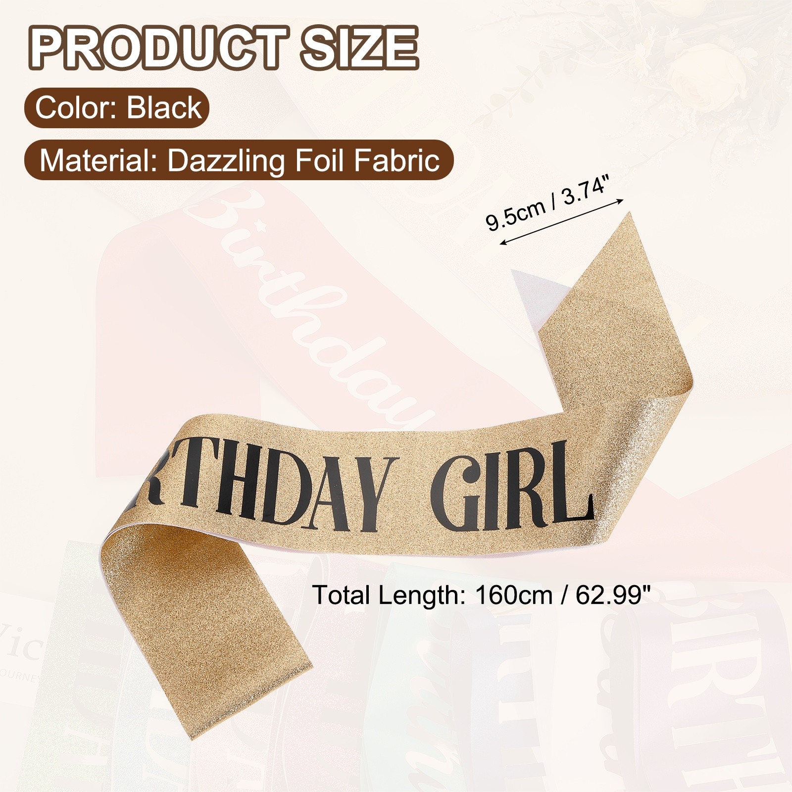 Birthday Girls Sash with Pin Black Lettering for Party, Rose Gold