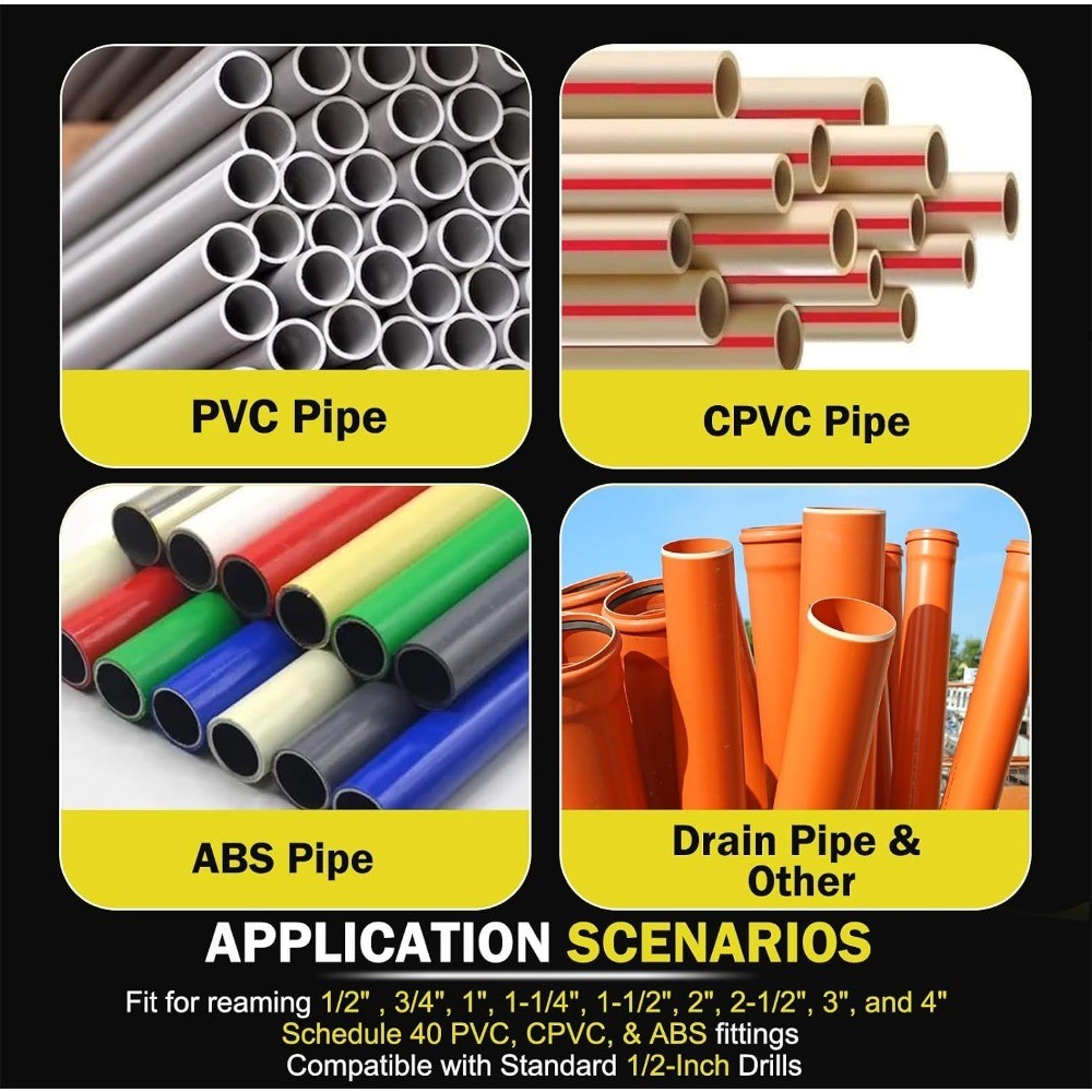 9-Piece PVC Pipe Reamer Set for Standard Half Inch Drills Sizes 1/2 3/4 1 1-1/4