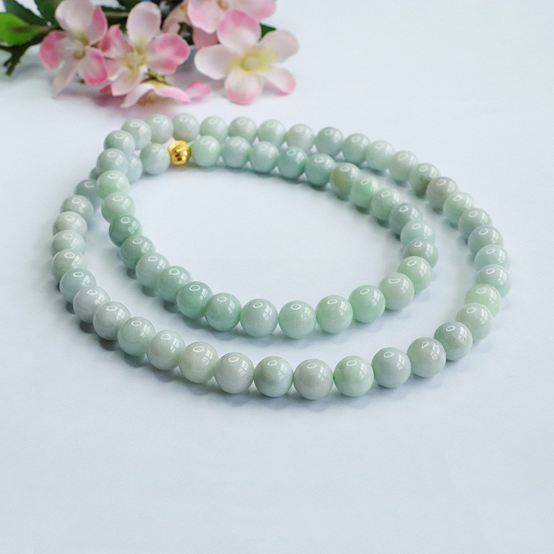 Natural Genuine Light Green A Jade Jadeite Round Beads Necklace 45cm