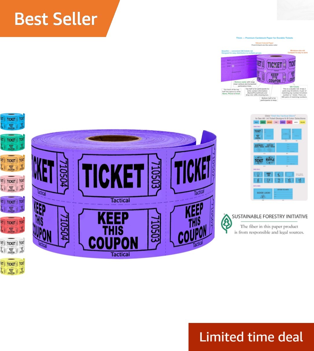Vibrant 500 Purple Raffle Tickets with Writable Back – Ideal for Fundraising