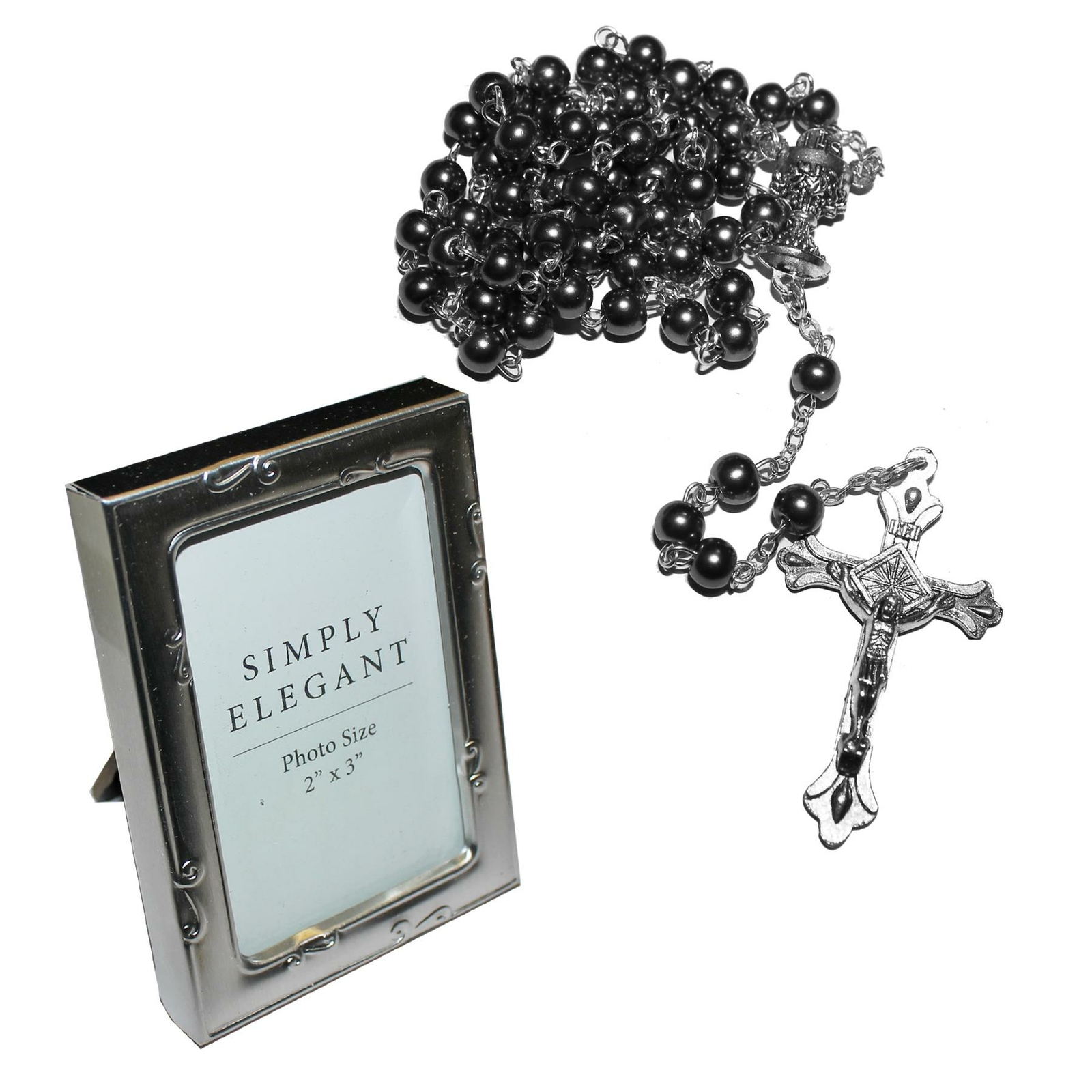 First Holy Communion Black Rosary Beads and Photo Frame Gift Set
