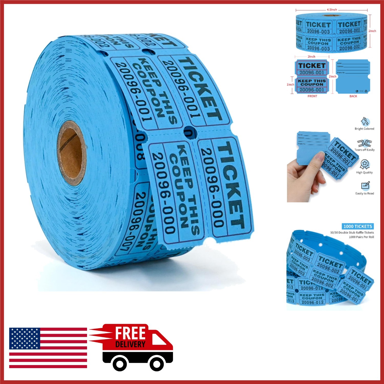 Blue Raffle Tickets Double Rolls 1000 for Easy Separation and Event Management